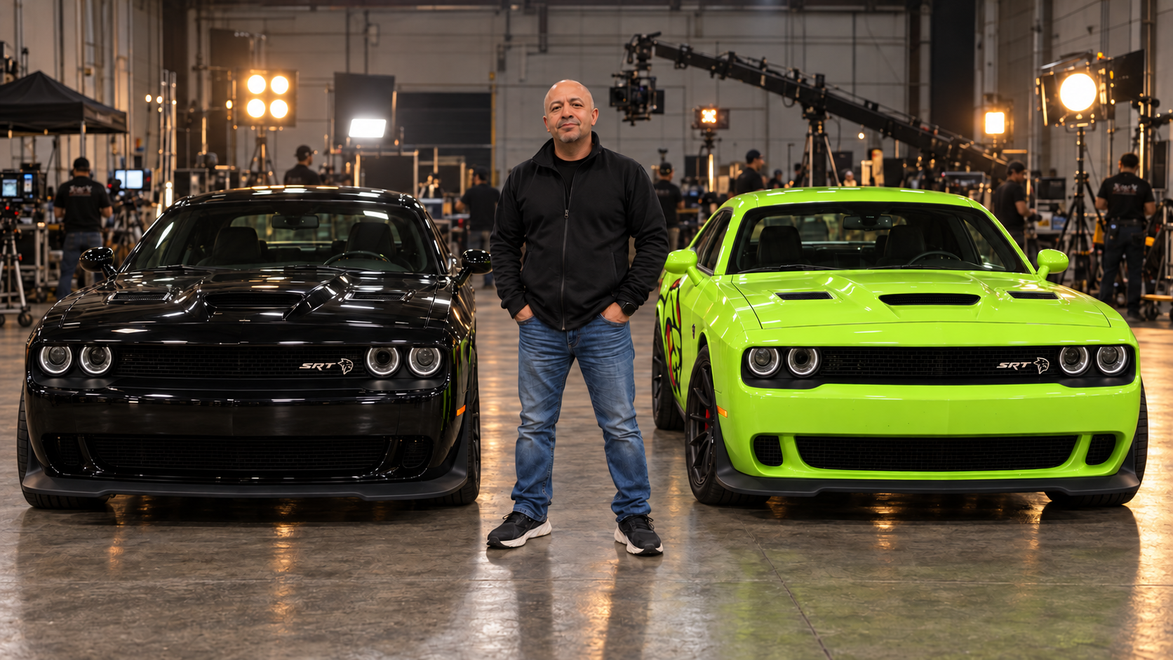 Tomás Guzmán de Stunts Mexico, Stunt Coordinator en México, entre dos Dodge Hellcat de frente, negro y verde limón, en un set cinematográfico